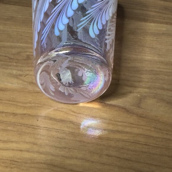 Vintage Pink Iridescent Art Glass Perfume Bottle Atomizer White Swirl 6.25” Tall - Picture 5 of 14